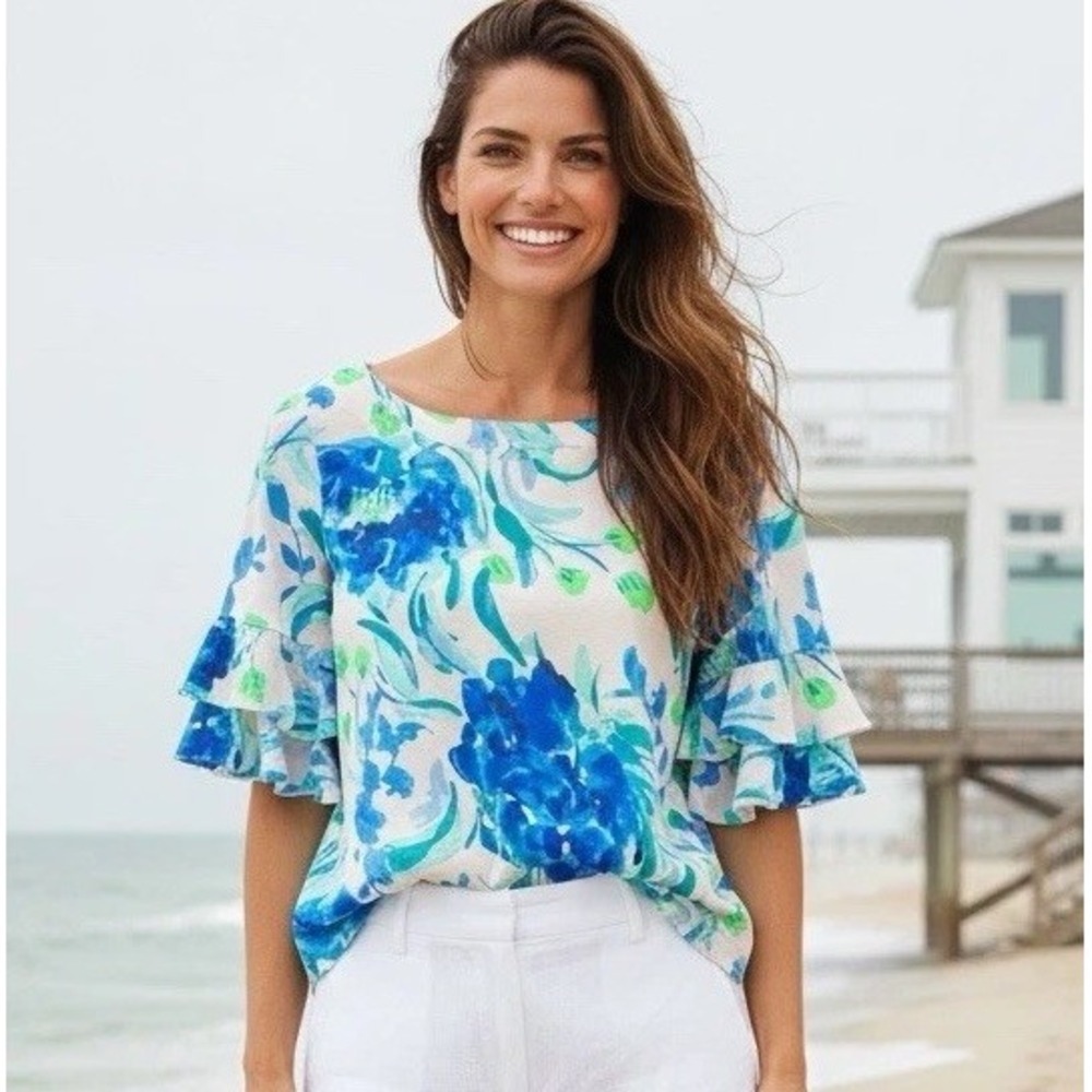 New‎ Lilly Pulitzer XS Lula Top Sweet Pea Shirt Blue Floral X Small Shirt Blouse